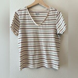PACT Organic Cotton V-Neck Tee Medium Beige Striped Sustainable Shirt